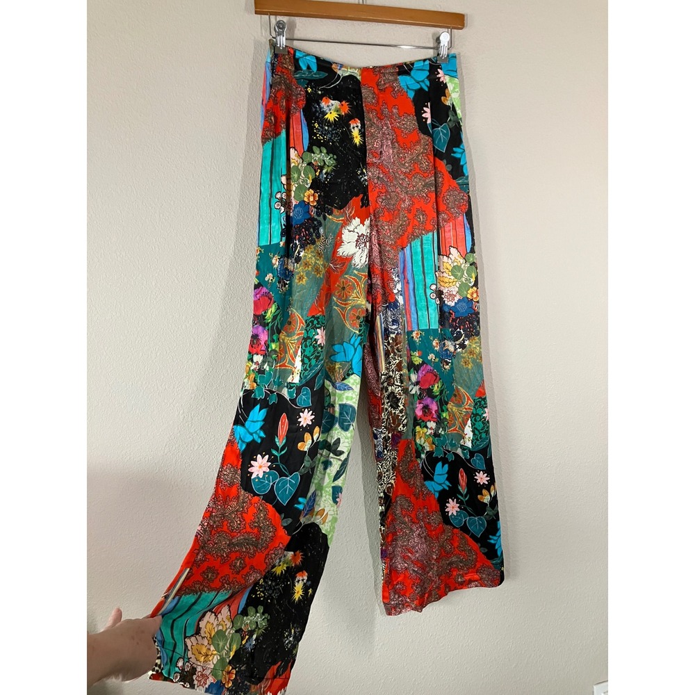 ANTHROPOLOGIE Satin Wide Leg Pants 8 Asian Chinoiserie Print Patchwork Artsy - Picture 2 of 13